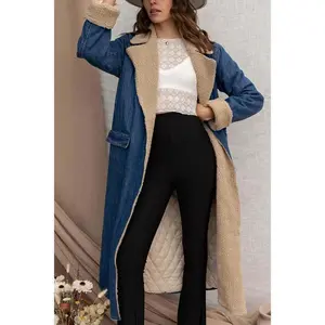 Women’s Warm Winter Sherpa Fleece Lined Long Denim Coat, Windproof Thick Denim Trench Coat with Belt (gift)