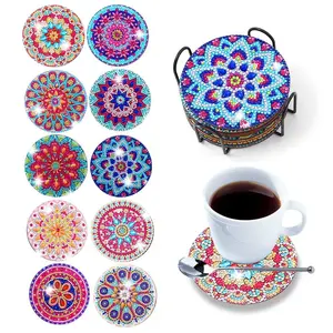10 sets circular mandala pattern artificial diamond painted coasters, DIY crystal diamond painted wooden table art coasters with stand, suitable for adult office coffee MATS, handicrafts, supplies and gifts, Diamond Painting Coasters, Round Coaster