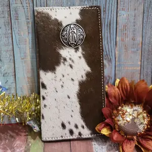 Virgen de Guadalupe concho Western Genuine Leather cowhide cowhair Wallet  Bi-Fold 7 Inches Long with Credit Card Slots, Cash and checkbook Compartments & Back Pocket brown and beige Exquisite Cardholder