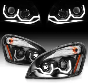 AmeriLite Projector Black Replacement Halogen Headlights Dual LED Bar Set For 2008-2020 Freightliner Cascadia (Pair) High/Low Beam Bulb Included, Vehicle Light Assembly