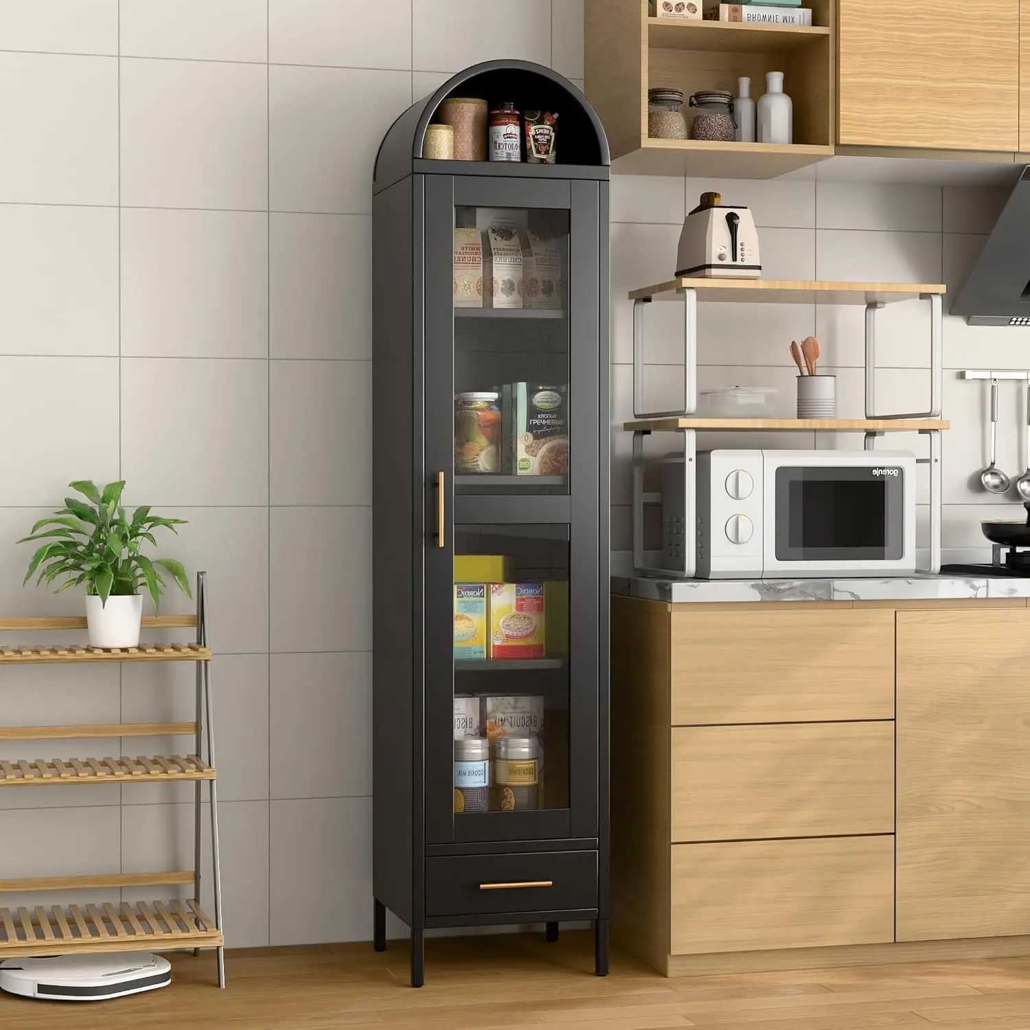 73"H Tall Steel Leg Metal Arched Display Bookshelf - Apartment Furniture, Arch Storage Cabinet with Glass Doors, Shelves & 1 Drawer for Living Room, Office, Black, Assembly Required, Mother's Day Gift