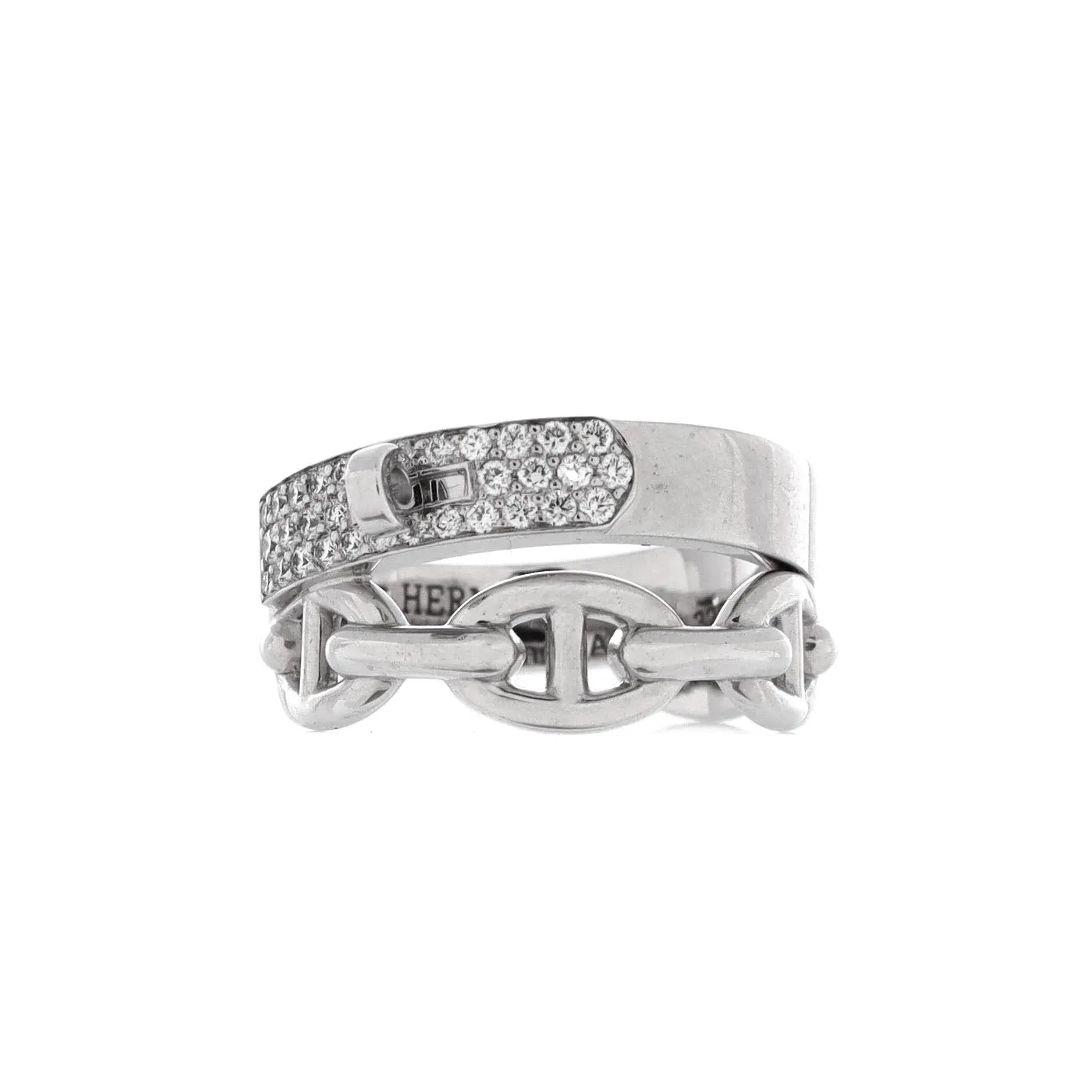 Pre-owned Hermes Kelly Double Tour Ring 18K White Gold with Pave Diamonds by Rebag
