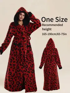 Mystic Leopard Print Long Elegant Casual Bathrobe, Hooded Pocket, Soft Comfortable, Unisex Home Sleepwear