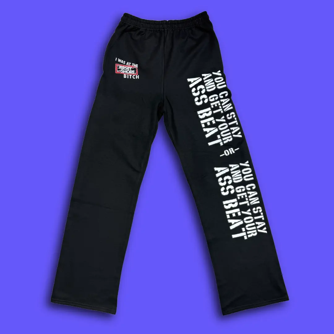 Women's Graphic "You Can Stay and Get Your Ass Beat" Elastic Cotton Jersey Sweatpants, Flare-Leg Design