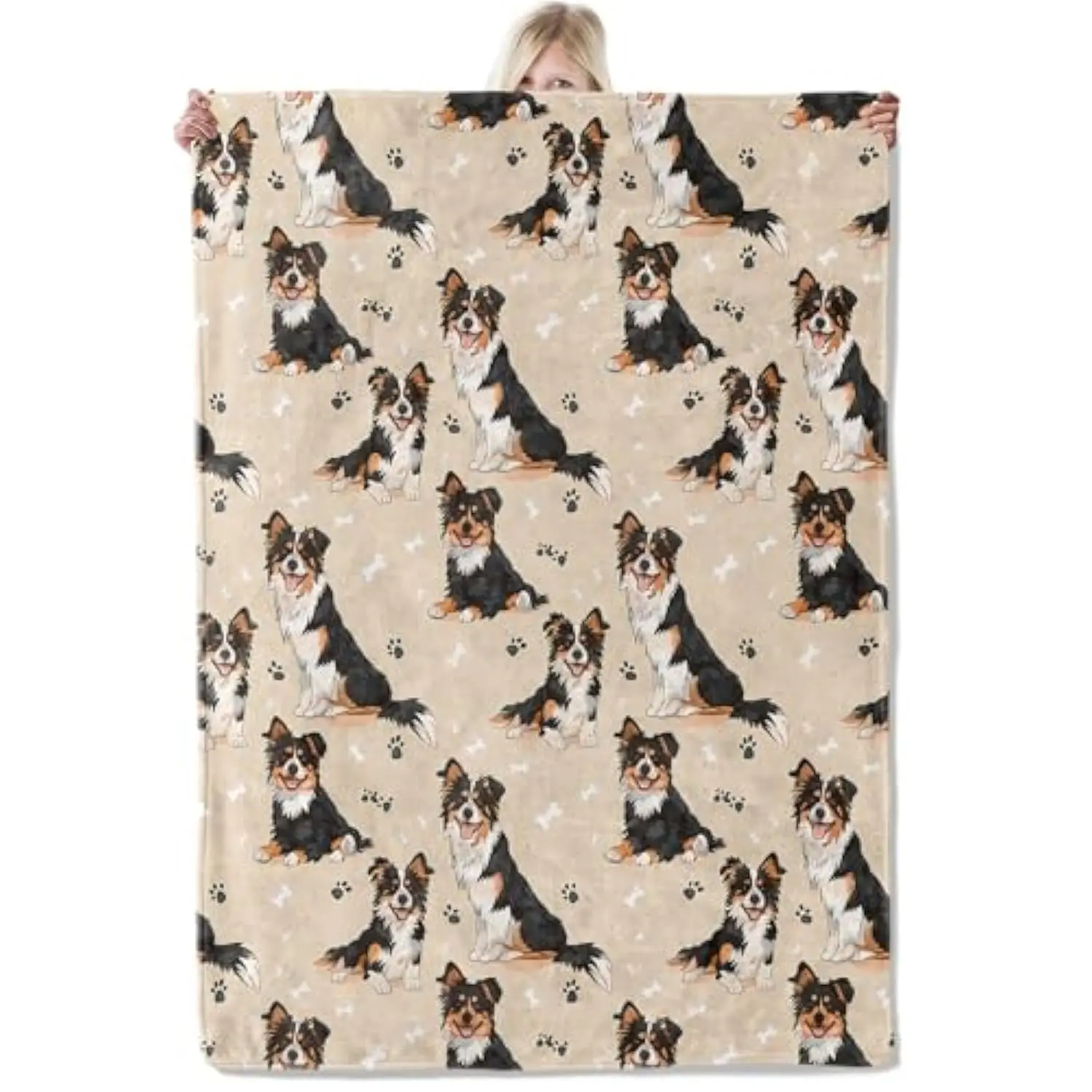 Australian Shepherd Soft Flannel Blanket - 50x60in Beige Borderless Printing Throw with Cute Aussie Dogs, Bones, Paw Prints - Durable, Fade Resistant Lightweight Gift for Dog Lovers, Child Birthday Pet Decor