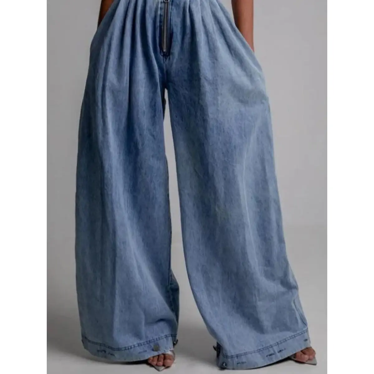 Women's High Waist Pleated Balloon Jeans Baggy Wide Leg Denim