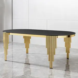 [SOIYELIFE] 79.53" Black Glass Top oval Dining Table with gold stainless Steel Base for 8 seats   Unique furniture