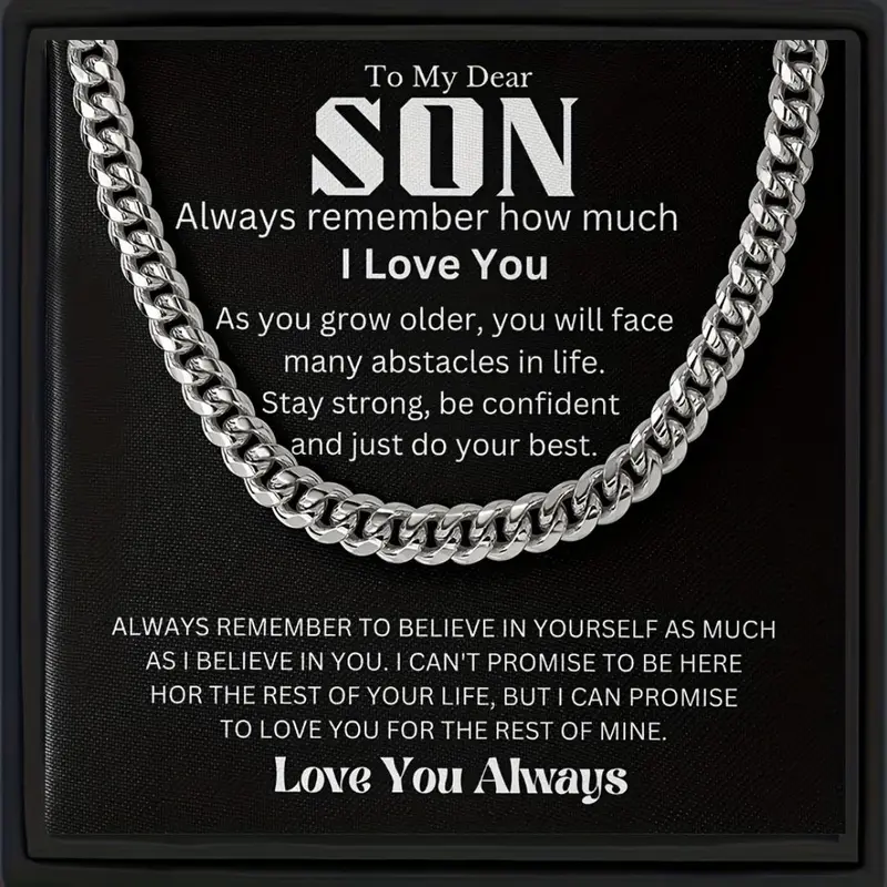 Men's Chain Necklace with Gift Card & Gift Box, 1 Count Fashion Y2k Style Stainless Steel Necklace, Cuban Link Design, Hip-hop Punk Rock Chain Gift for Son, Diamond Cut Chain, Cuban Link Chain