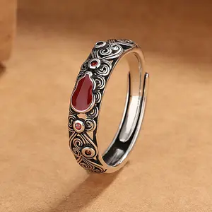 Adjustable retro style lucky gourd ring - fashionable ethnic style - creative copper plated 925 silver plated open ring suitable for men and women