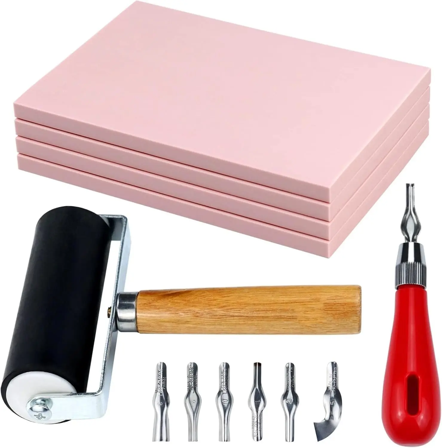 6 Pack Linocut Kit for Printmaking - Stamp Making Kit, 4Pcs 4"x6" Rubber Linoleum Blocks with Brayer Roller & 6 Type Blades Carving Tools | Beginner & Artist Block Printing Craft Supplies