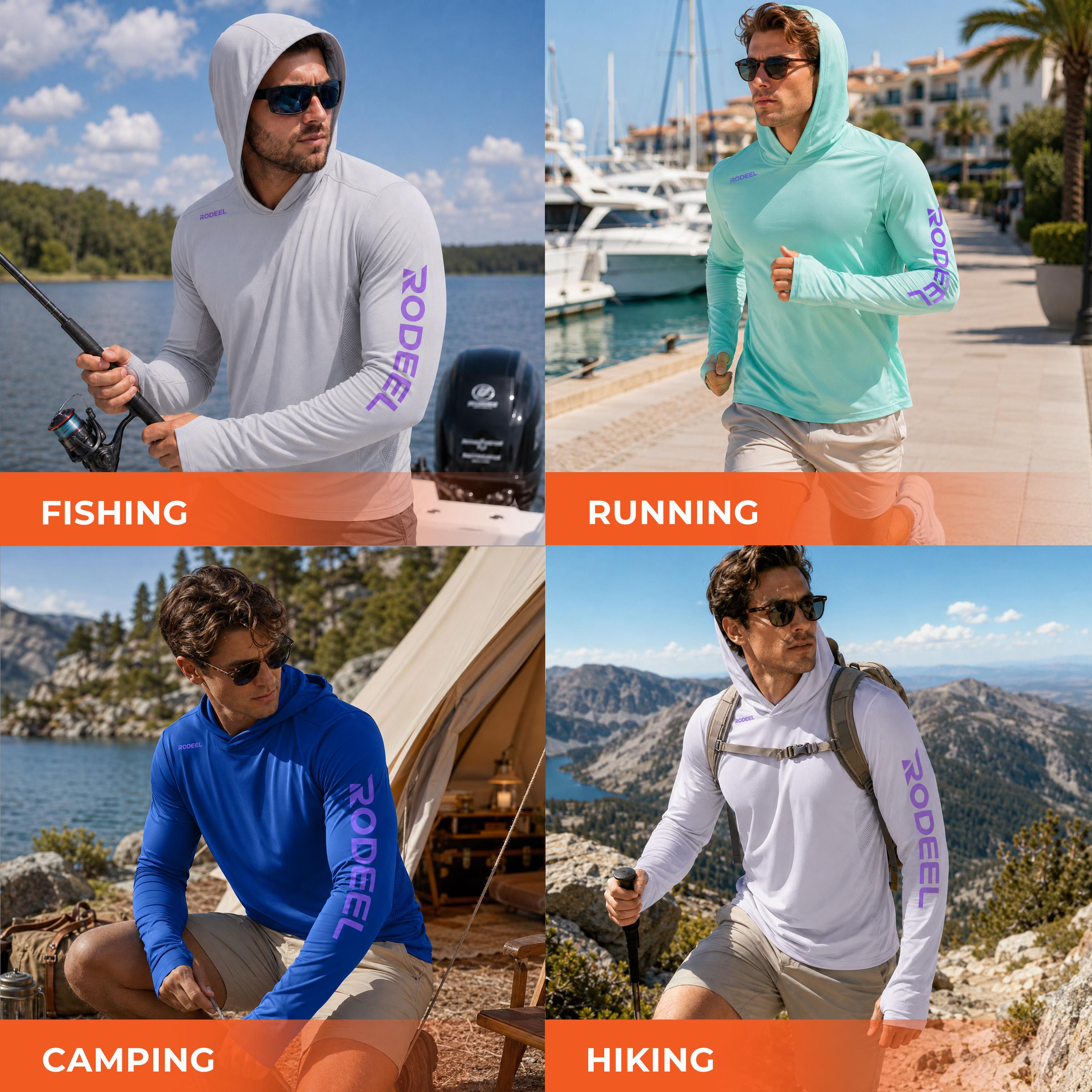 【RODEEL】962 Sun Hoodie Shirts w/ Thumbhole UV Detection Logo Men UPF 50+ Sun Protection Long Sleeve Lightweight Quick Dry Moisture Wicking Breathable Athletic Activewear for Outdoor Fishing Boating Hiking Construction SummerWins