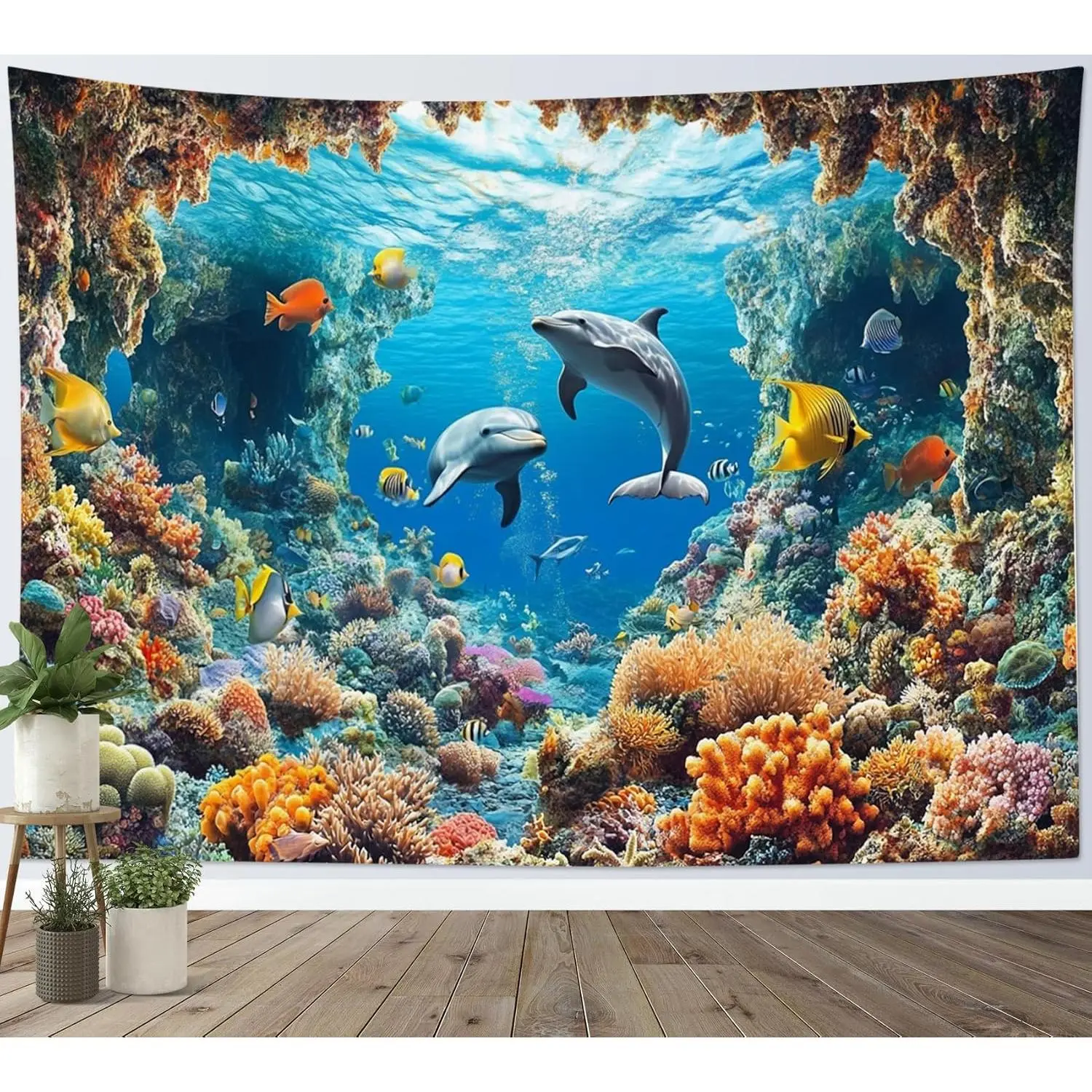 Blue Ocean Dolphin Tapestry Wall Hanging - Tropical Fish, Coral Reef Underwater World Nature Landscape Wall Art, Polyester Fabric, Lightweight Indoor/Outdoor Decoration & Gift for Kids Bedroom, Living Room