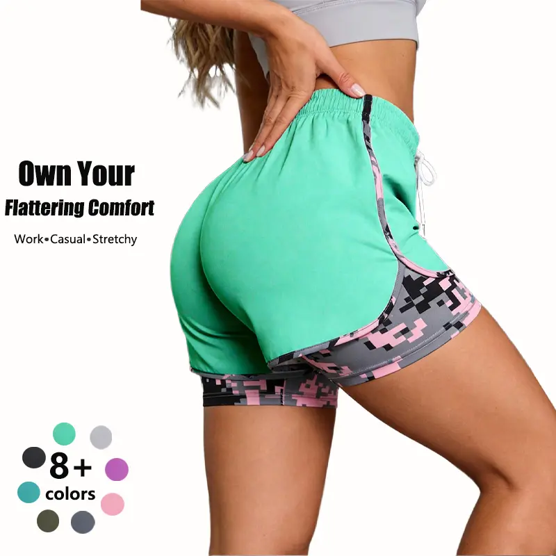 Women's 2-in-1 Camo Athletic Shorts, Loose Casual Layered Shorts, Elastic Adjustable Drawstring Waist, Fashion Camouflage Streetwear Shorts women