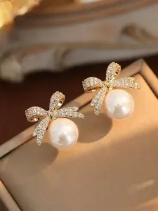 Elegant Bowknot-Shaped Faux Pearl & Rhinestone Inlaid Earrings, Stud Earrings, Sophisticated Design for Valentine's Day, Perfect Gift for Her