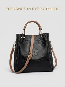 New Vintage Women's Embossed Zipper Closure PU Leather Bucket Bag, Large Capacity Top Handle Crossbody Bag, Polyester Lining Fashion Designer Ladies Shoulder Bag For Daily Casual Use