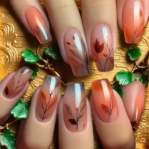 Autumn Leaf Pattern Fake Nails with Tools, Nail Kit Set, 24pcs Glossy Finish Press on Nails for Women & Girls DIY Nail Art, Elegant Stick on Nails Kit