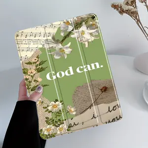 God Can Letter and Psalm Flower Pattern Four-Corner Shockproof Foldable Tablet Case with Pen Slot,Suitable for iPad Mini, Air, Pro 4,5,6,7(2017,2018,2019,2020,2021,2022,2023,2024,2025 models),and Samsung S6,7,8,9,10FE + A7 LTE tablet cases