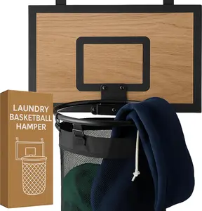 Basketball Laundry Hamper – Wooden Backboard & Mesh Hoop Laundry Basket – Over Door Hanging Organizer for Kids - Cedarwood Brown