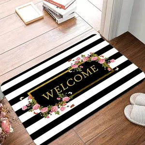 Striped & Floral Pattern Welcome Door Mat, Non-slip Soft Floor Mat, Decorative Carpet for Home Living Room Bedroom Kitchen