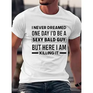 Men's Seamless Short-Sleeve T-Shirt - Hilarious Bald Joke Design with 'Sexy Bald Guy' Saying, Smooth Cotton Casual Round Neck Crew Neck Black Top