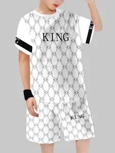 Game Controller Print Set Outfit! King Logo Boys Short Sleeve, Casual Fitted Cartoon Pattern, Perfect Choice for Gamers