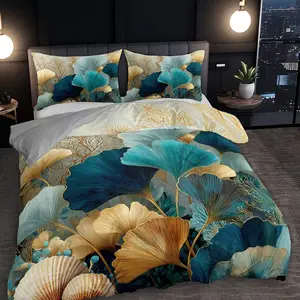 3-Piece Nordic Style Ginkgo Leaf Motifs Gold Blue Plant Bedding Set, Nordic Aesthetic, 1 Duvet Cover + 1/2 Pillowcases (no Filling), HD Print All-Season Home Dorm Use