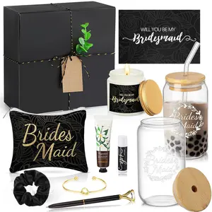 14 count Bridesmaid Proposal Gifts Set, Will You Be My Bridesmaid Gifts with Proposal Box Glass Cup Makeup Bag Cards Lip Balm Hand Cream Candle Scrunchie Bracelet  Pen for Wedding(Black)