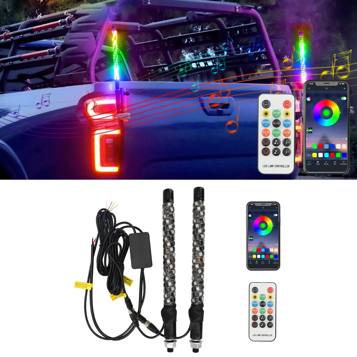 2pc 1ft 30cm RGB LED Whip Lights, Spiral LED Light Whips with APP and Remote Control, Decorative RGB Lights, Car Atmosphere Lamp for Utv Atv Polaris Rzr Can-Am Sxs Truck Led Bar Light, Car Lighting Accessories, Car Accessories Lamp, Auto Decorative Light