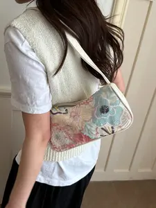 2026 New Leather Trim Sequin Floral Baguette Bag, Y2K Sweet Style Underarm Shoulder Purse, Spring Summer Fashion Accessory, Fashionable Shoulder Bag