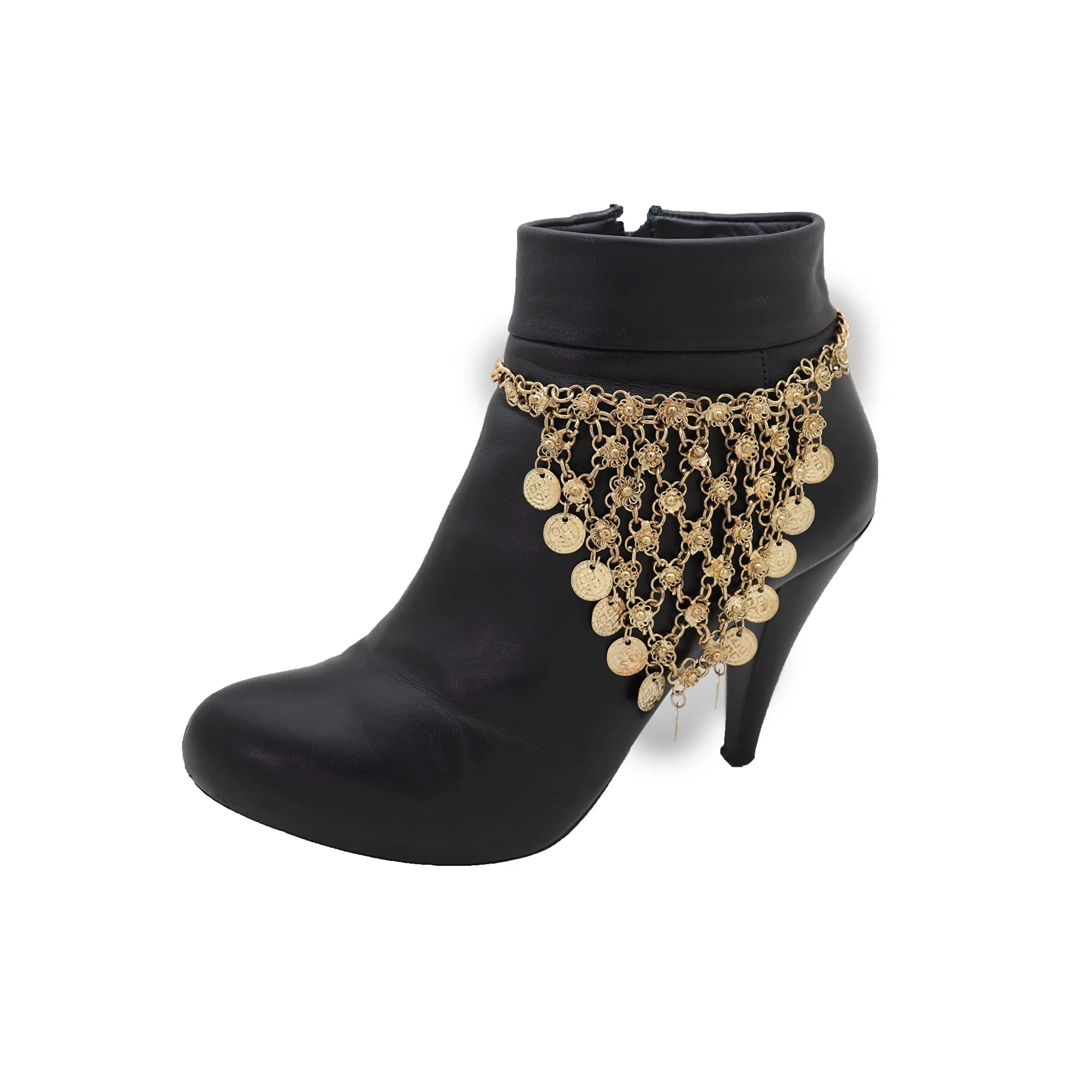 Women Fashion Gold Metal Western Boot Bracelet Chain Shoe Anklet Ethnic Coin Charm Bohemian