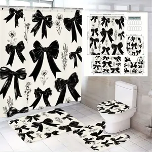 1/4pcs Black & White Bow & Floral Shower Curtain Set 4 Pieces - Cream Base with Large Black Bows, Matching Bath Mat, Toilet Lid Cover & Runner - Perfect for Bathroom Decoration Accessories, Wedding, Anniversary, Valentine's Day & Festive Season