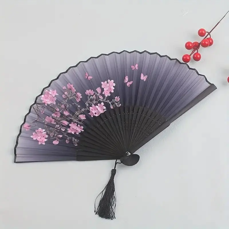2 Piece Bamboo Folding Fans, Vintage Cherry Blossom Art, Flower Design, Lightweight Handheld Fan for Hanfu Dance, Graduation Gift, Home Decor