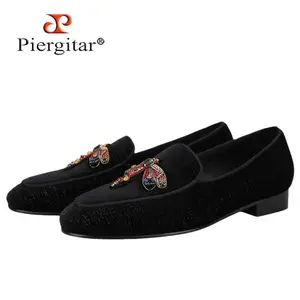 2022 Handmade Rhinestone Sequin Dragonfly Embroidered Patch Men's Loafers British Style Retro Moccasins Slip-On Shoes