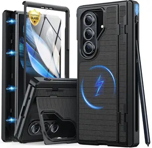 Magnetic Case for Samsung Galaxy Z Fold 7 with Built-in Screen Protector, Slim S Pen Holder & Kickstand | Hinge Protection | MagSafe Compatible | Full-Body Shockproof Cover