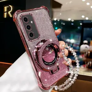 S23 FE Elegant PC Fashion Strap Lanyard Phone Holder Case For Compatible With Samsung Galaxy S23 FE Glittery with Crystal Style Chain Stand Cover Phone Charms