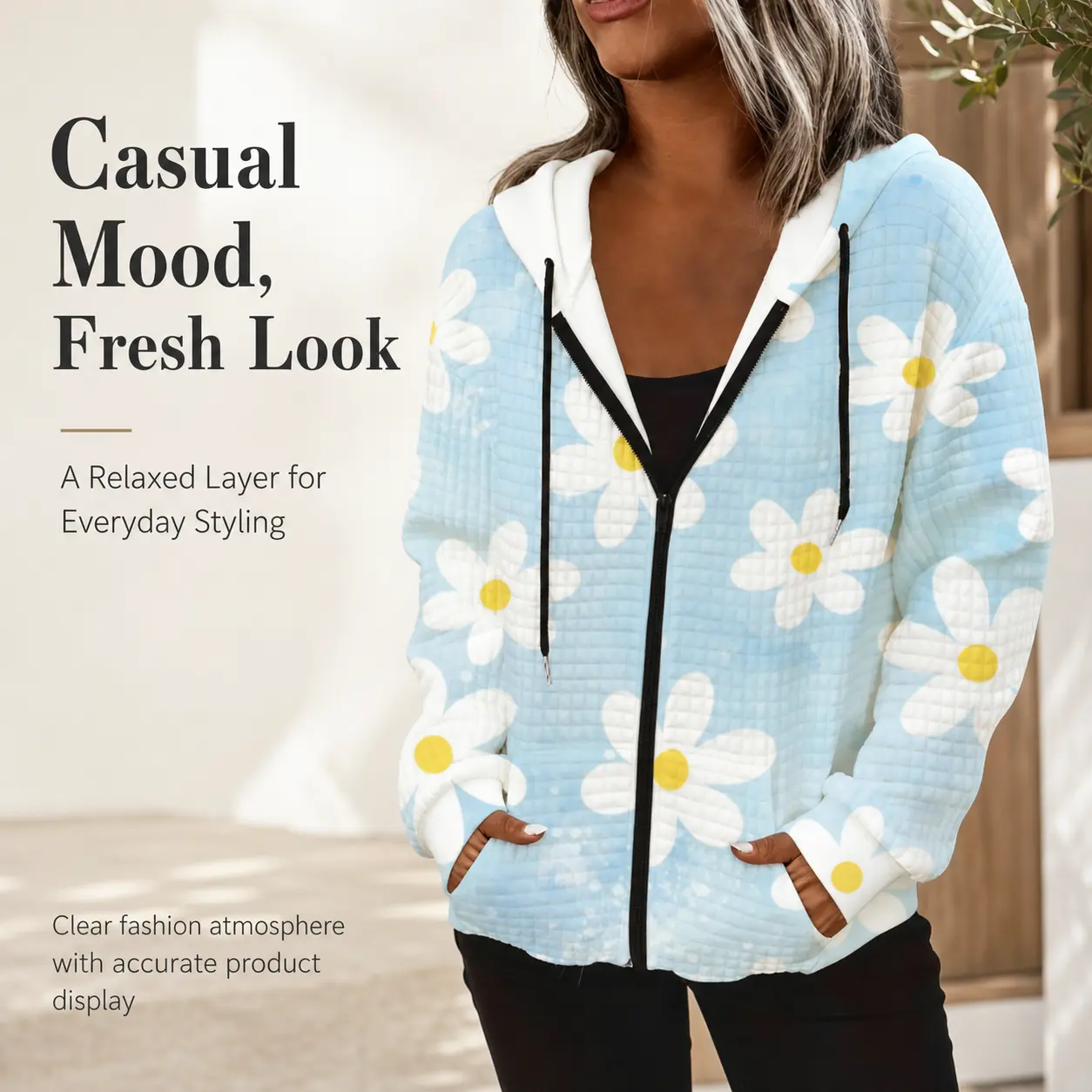 Women Plus Size Daisy Floral Print Waffle Knit Zip Up Hooded Jacket With Front Pockets