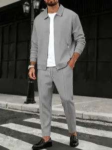 Men's Casual Sportswear Solid Color Full Zipper Set, Athleisure Wear Set, Practical Pocket Design, Fashionable for Leisure Days and Sports, Spring & Fall