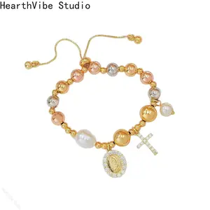 Women's Gold Virgin Mary Bracelet - 14K Gold Plated Religious Cross Bracelet,Dainty Golden Non Tarnish Virgen De Guadalupe Natural Stone Beaded Jewelry,Catholic Faith Baptism Confirmation Gift for Her