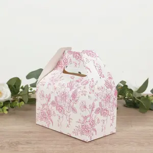 25 Pack Party Favor Gable Boxes in French Toile Pattern - Matte Pink and White Candy Treat Tote Boxes, Cardstock Paper - 6"x3.5"x7"