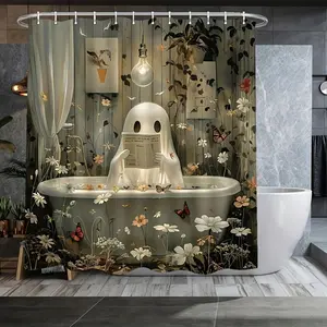 Halloween cute ghost newspaper pattern design shower curtain, waterproof, wear-resistant, easy to clean, machine washable, multiple sizes to choose from, perfect for bathroom decoration, partition, beautify space, send shower curtain hook