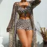 Three-Piece Women's Geometric Print Drawstring Swimsuit Set, High Waisted Swimsuit, Bikini Sets, Ladies Swimwear for All Seasons, Bikini Swimsuits, Bikini Outfits