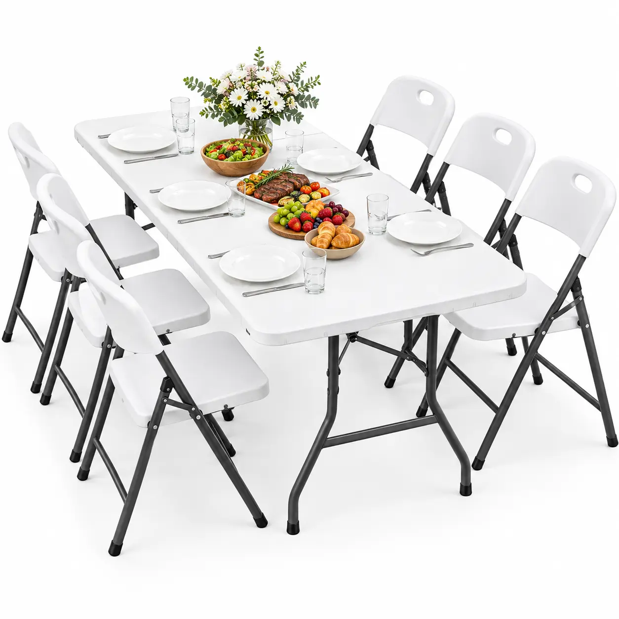 FURNIEDGE 4FT/6FT Folding Table Set with 2/4/6/8 Pack Folding Chairs, No Assembly Portable Event Table and Chairs Set, Heavy Duty Foldable Card Table and Chairs for Outdoor, Camping, Patio, Picnic, Dining, Indoor