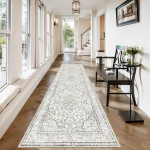 Oriental Runner for Hallways 2.5x10 Washable Beige Kitchen Runners Non Skid Long Entryway Rug Runners 10ft Ulra-Thin Soft Indoor Boho Rug Traditional Carpet for Laundry Living Room Helena