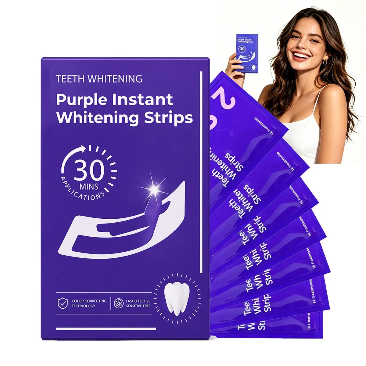 Purple Teeth Whitening Strips Kit, Teeth Whitener, 14Strips for 7 Days, Enamel Safe for Whiter Teeth, Whitening Without Sensitivity, Removes Yellow Stains & Bad Breath, Effective Color Correction for a Brighter Smile