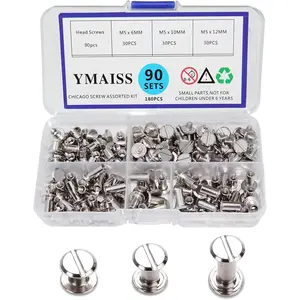 90 Sets Chicago Screws 3 Size 1/4,3/8,1/2in Screw Posts Bookbinding Binding Screw Chicago Button Post Rivets Belt Leather Photo Albums Round Flat Head, Silver Color