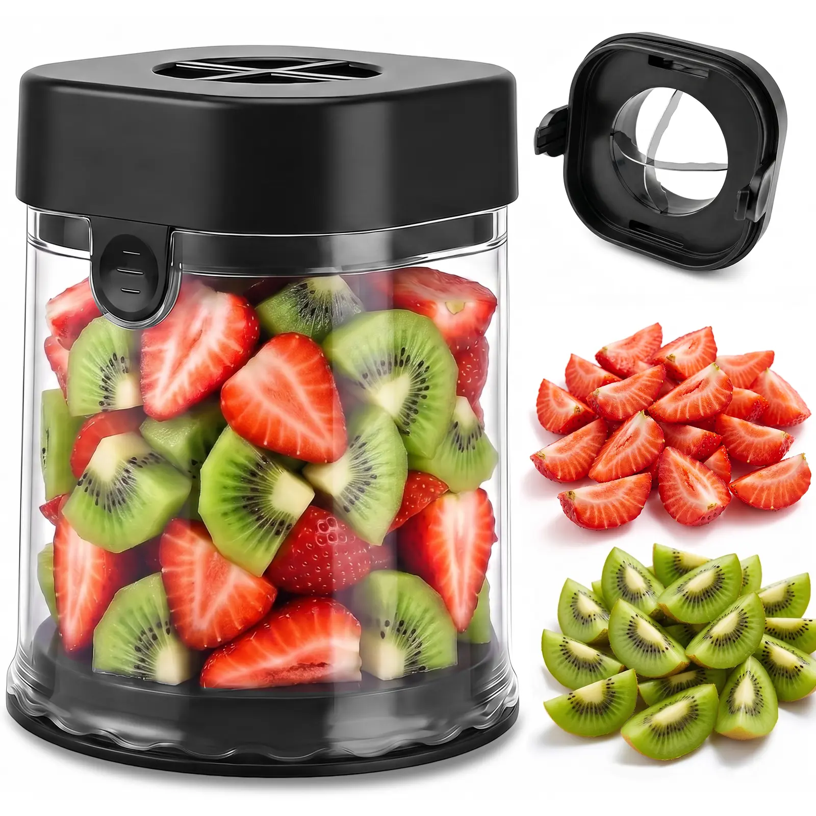 Mini Fruit Slicer Cup with Stainless Steel Blades, Strawberry Slicer & Grape Cutter, Push Type Fruit Cutter for Banana,Tomato,Blueberry & Egg,Reusable Fruit Chopper Kitchen Gadget,Quick Easy Slicing