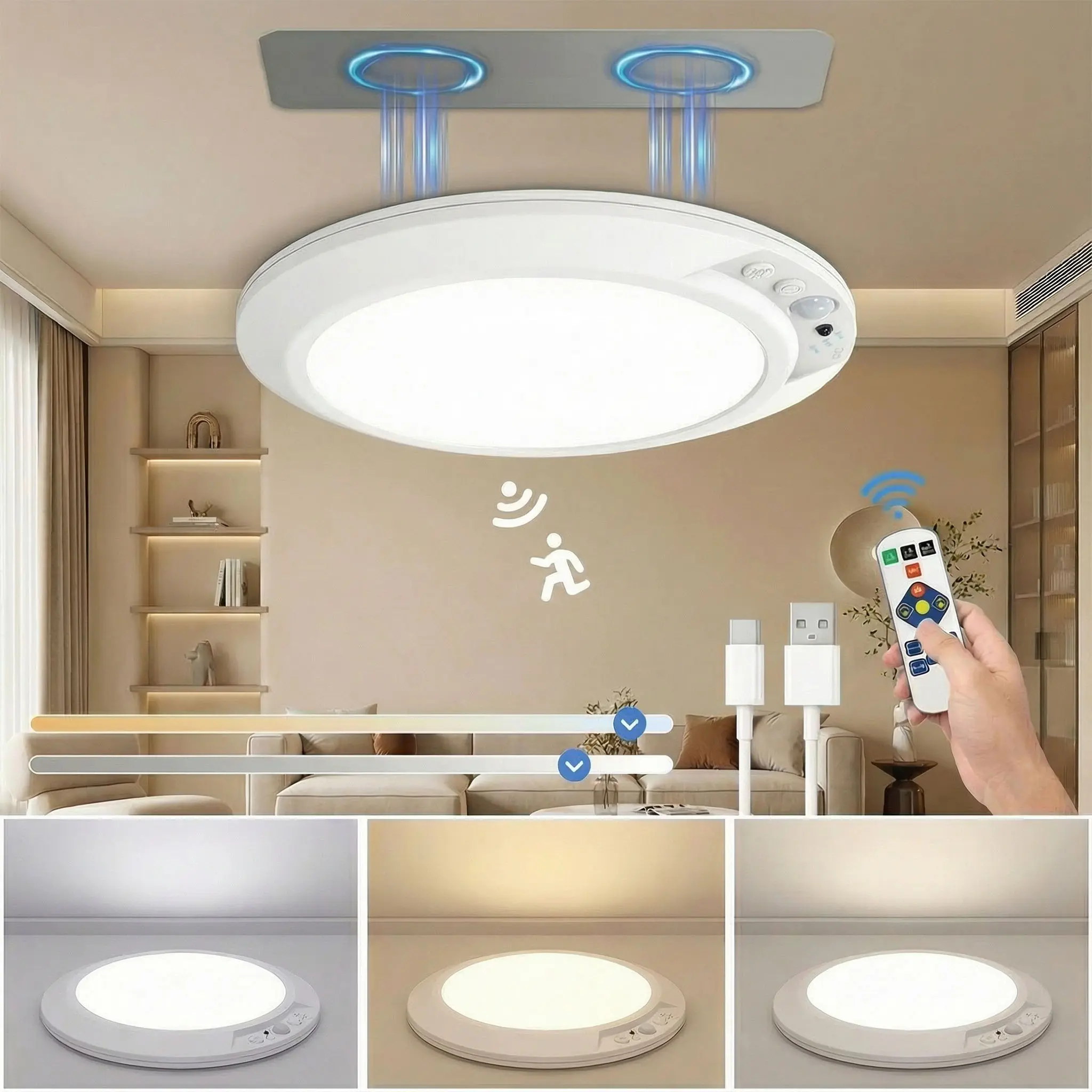 Rechargeable Motion Sensor Ceiling Light, Battery Operated Closet Light Wireless Battery Powered LED Shower Light, Magnetic Cordless Ceiling Light with Remote, Overhead Lamp for Pantry Shed Hallway