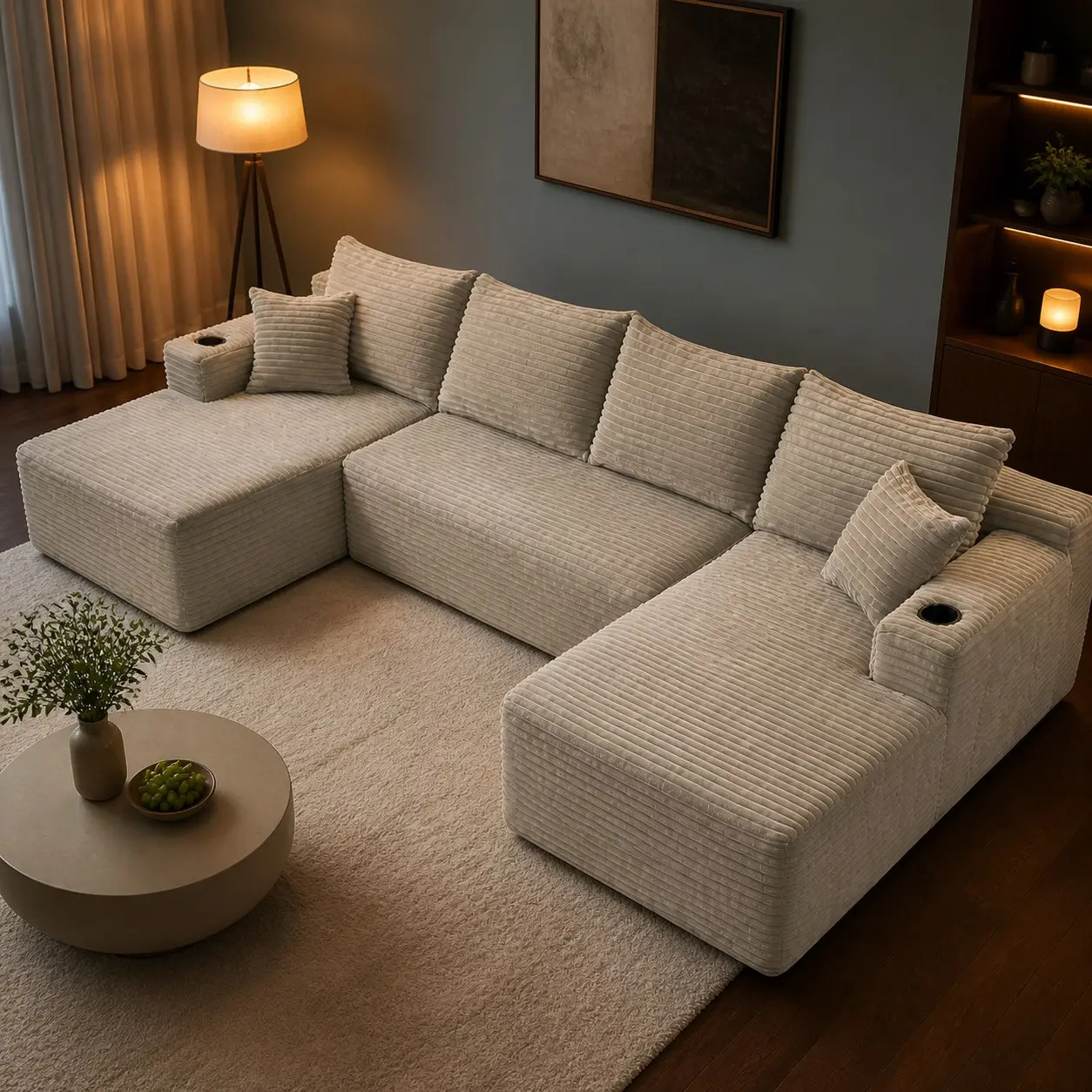 134 Boneless U-Shaped Sectional Sofa - Camel Ribbed Corduroy, 5-Seat Modular Layout, 2 Storage Pockets, 2 Cup Holders, Deep Seating, No-Assembly Cloud Couch for Apartment, Living Room