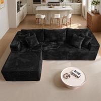 Black Plush Corduroy Left Chaise