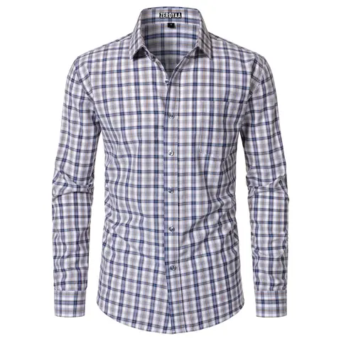 ZEROYAA Men's Classic Slim-Fit Checked Plaid Gingham Long Sleeve Dress Top - Lightweight Fabric, Button-Front, Formal-Casual, Party & Wedding Wear,sohochic